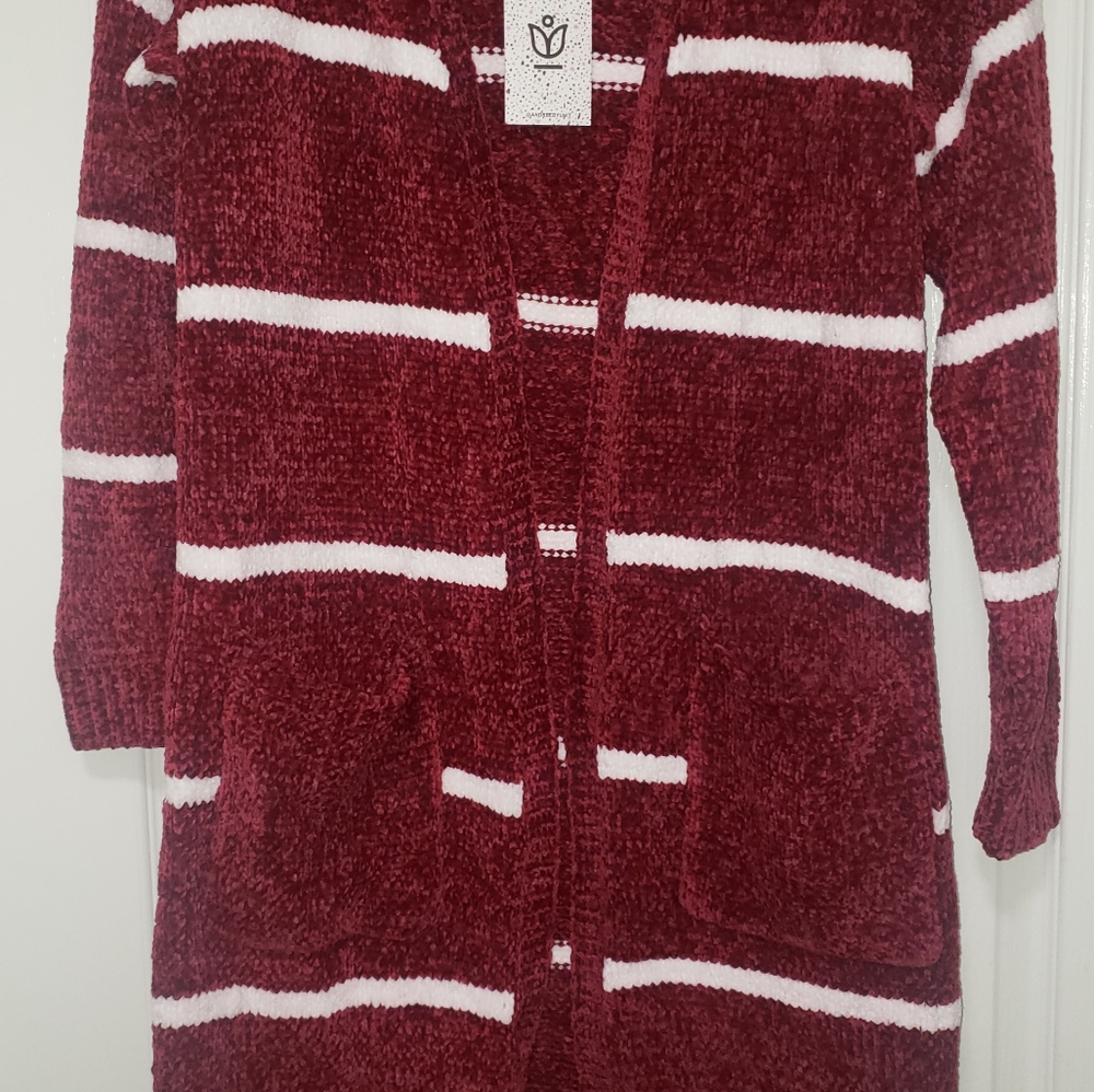 Andree (NWT) Striped Wine/White Relaxed fit Long Cardigan w/Pockets Size S - Picture 3 of 6